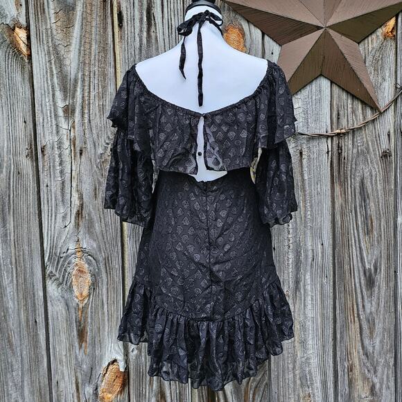 Black Shimmer Halter Dress Off Shoulder Flare Sleeve Ruffle Hayden LA Size S NWT - Picture 4 of 10
